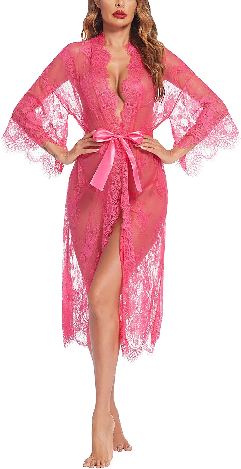 Avidlove Long Lace Lingerie Kimono Robe Sheer Babydoll Nightgown Nightdress