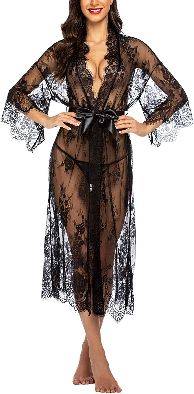 Avidlove Long Lace Lingerie Kimono Robe Sheer Babydoll Nightgown Nightdress