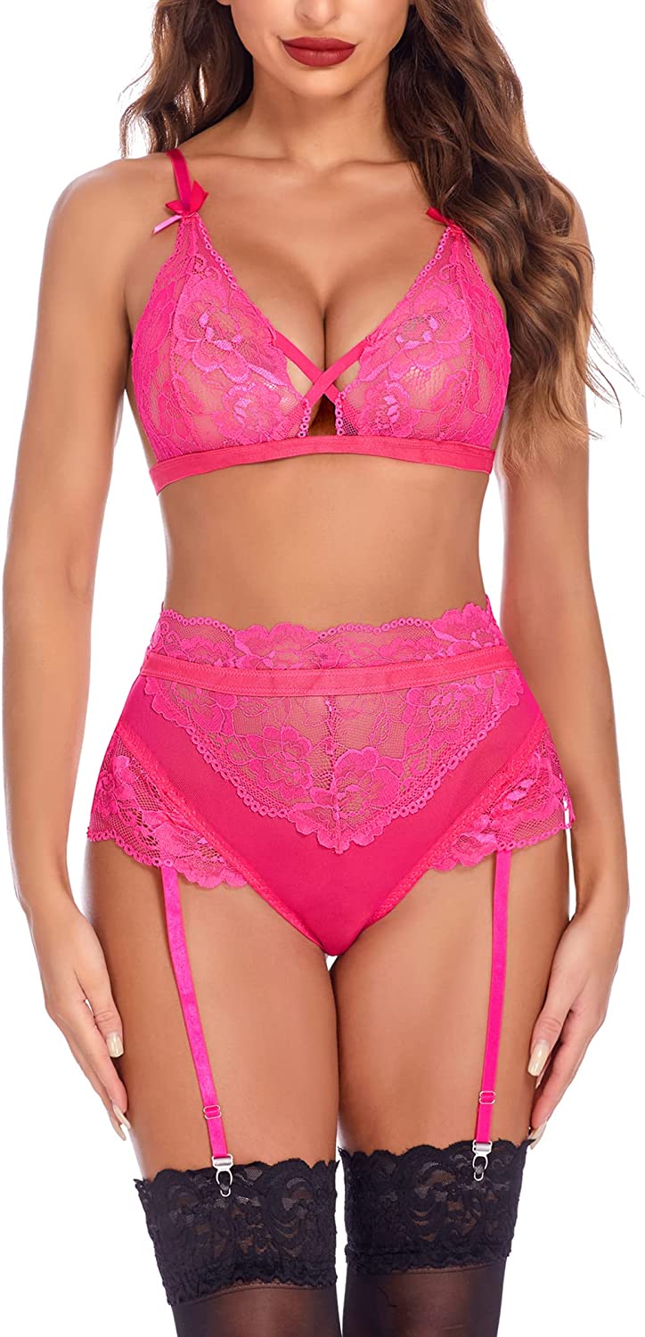 Avidlove Lingerie Set with Garter Belts Lace Lingerie High Waist Lingerie Bra and Panty Set