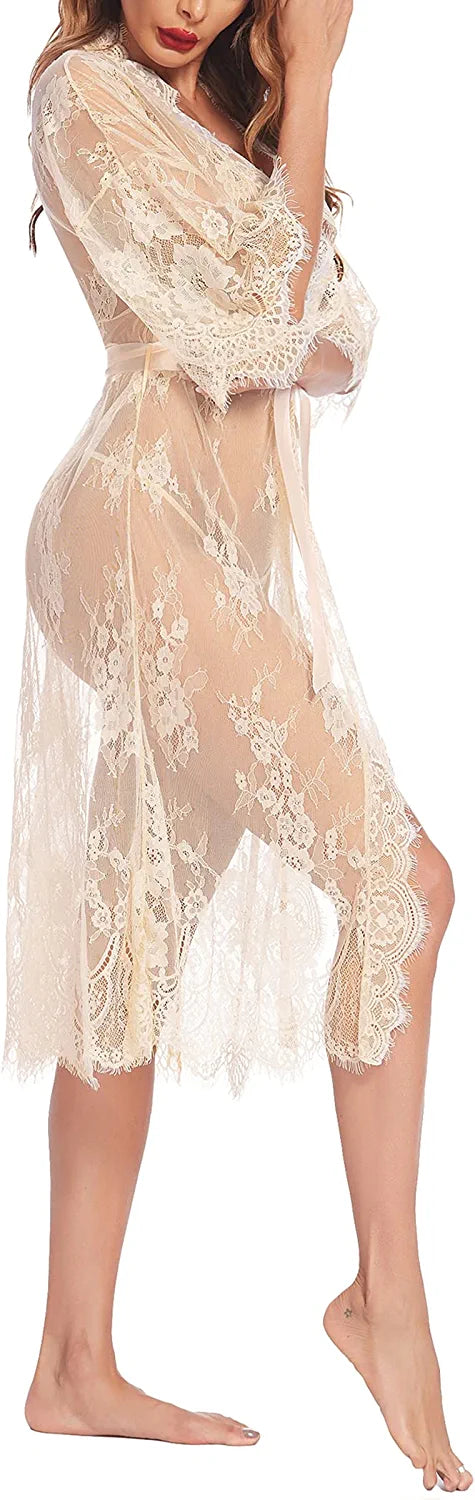 Avidlove Long Lace Lingerie Kimono Robe Sheer Babydoll Nightgown Nightdress