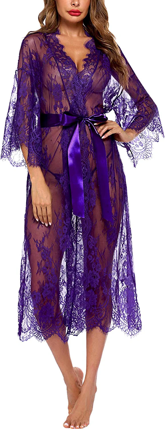 Avidlove Long Lace Lingerie Kimono Robe Sheer Babydoll Nightgown Nightdress