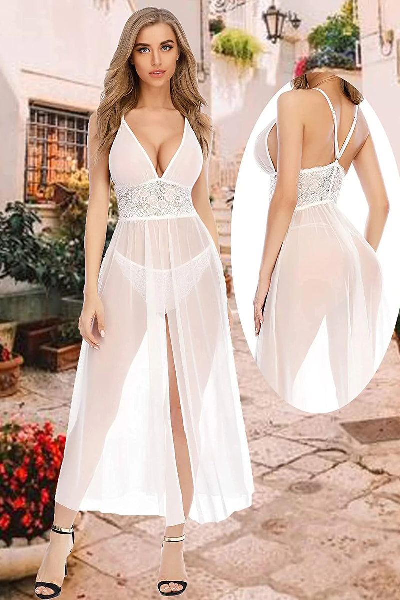 Avidlove Lingerie Lace Babydoll V Neck Chemise Halter Mesh Nightwear Long Gown Lingerie Sheer Dress