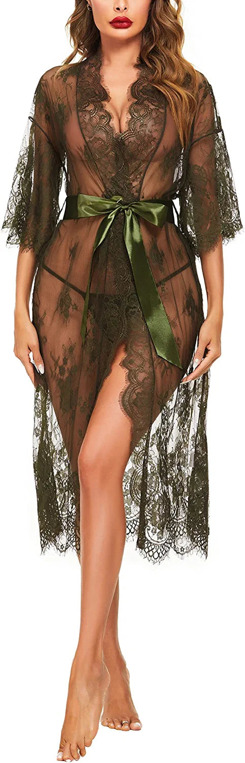 Avidlove Long Lace Lingerie Kimono Robe Sheer Babydoll Nightgown Nightdress