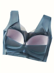 Contrast Lace Wireless Bra, Soft & Comfortable Tank Bra, Lingerie & Underwear Blue