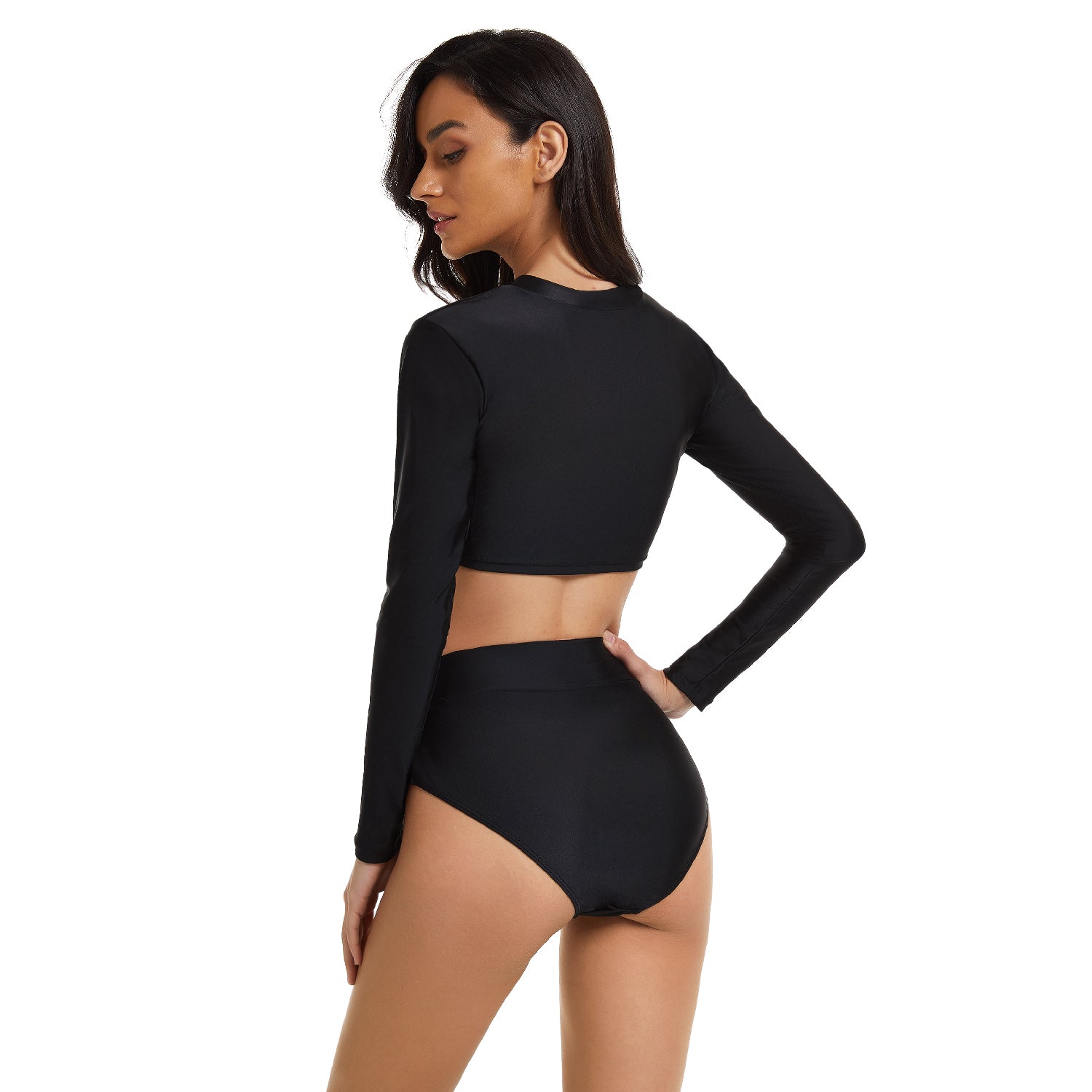 Crop Top Long Sleeve Bathing Suit Zipper Swimsuit