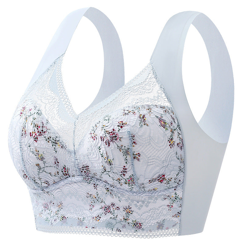 Plus Size Floral Print Lace Mesh Minimizer Wireless Bra