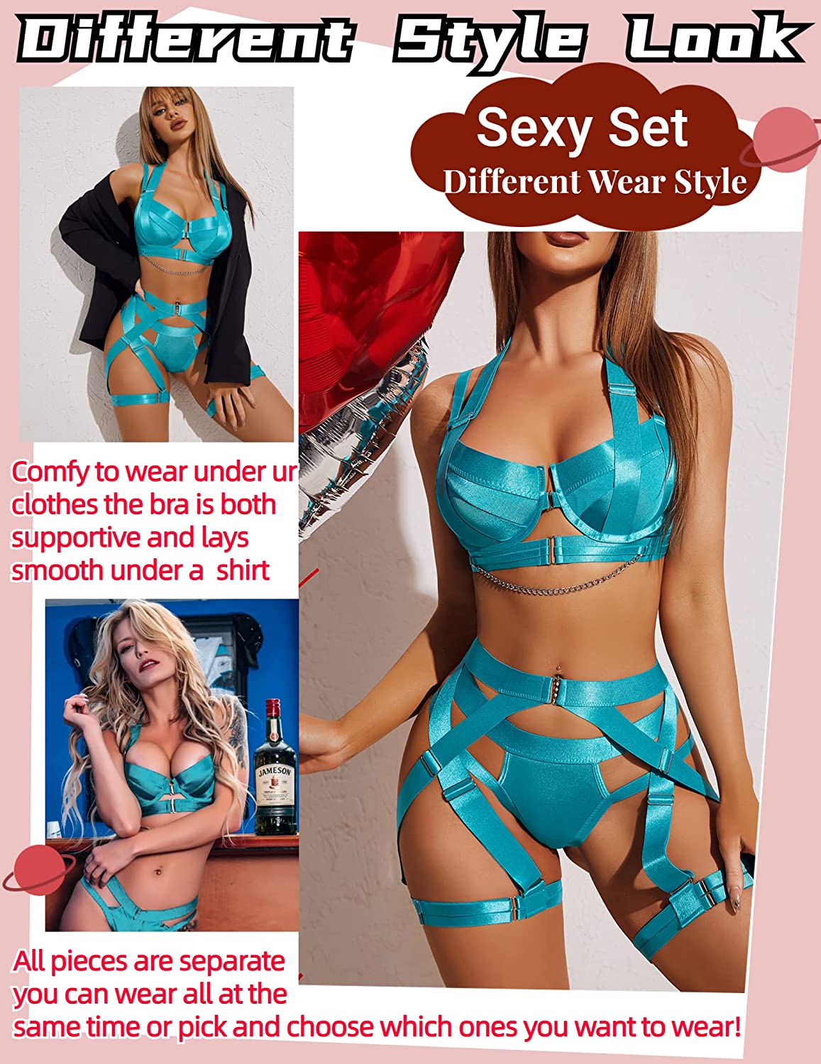 Avidlove Lingerie Set Strappy Lingerie Underwire Push Up Bra Garter Set Lingerie with Chain