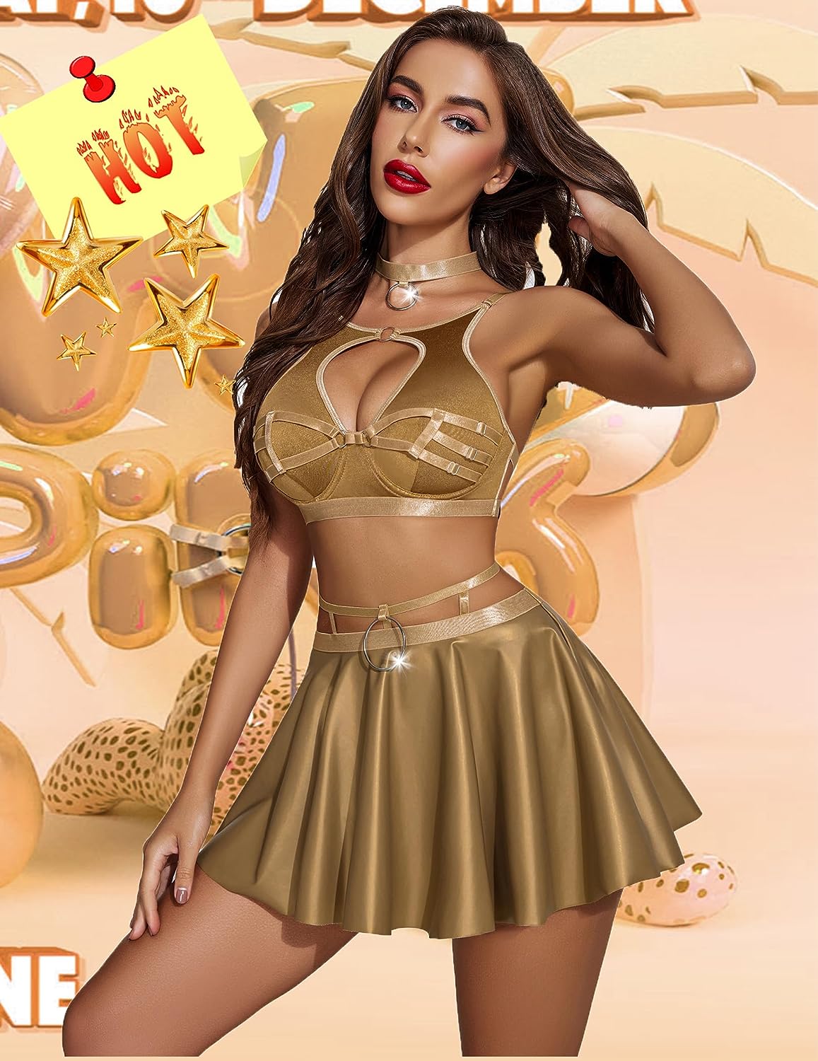 Avidlove Lingerie Set PU Leather Skirt High Waisted Costume Outfit with Choker