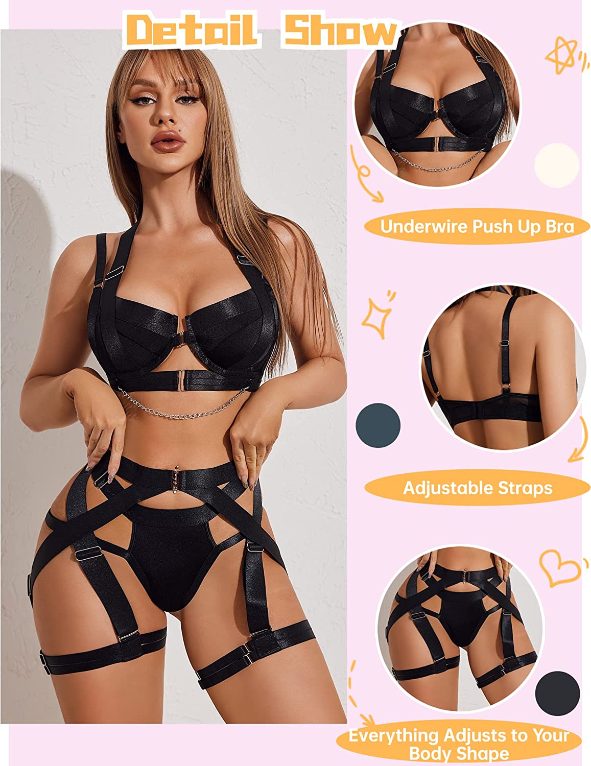 Avidlove Lingerie Set Strappy Lingerie Underwire Push Up Bra Garter Set Lingerie with Chain