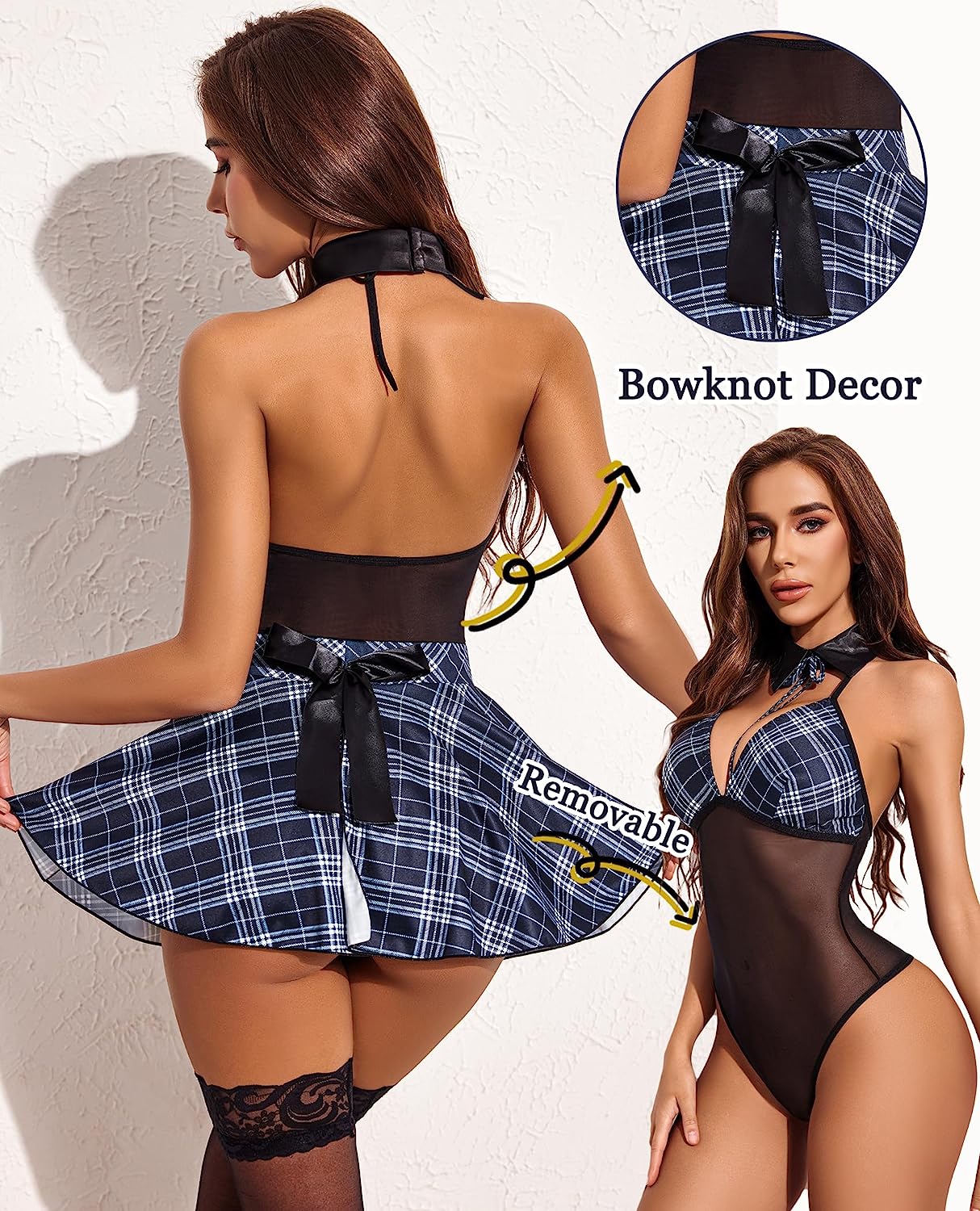 Avidlove Schoolgirl Lingerie Student Cosplay Roleplay Custumes Snap Crotch Teddy Plaid Skirt Lingerie Set