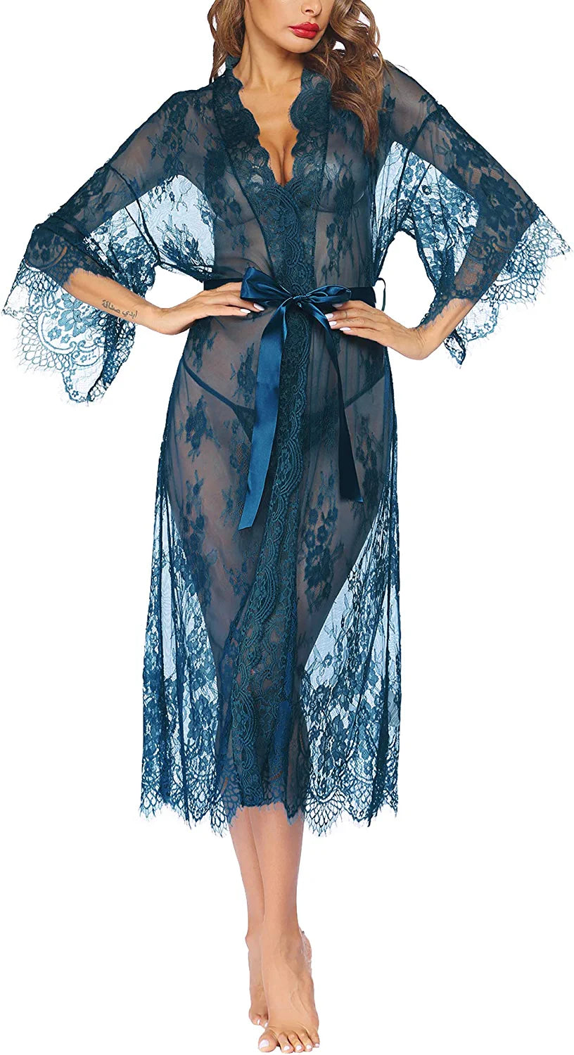 Avidlove Long Lace Lingerie Kimono Robe Sheer Babydoll Nightgown Nightdress