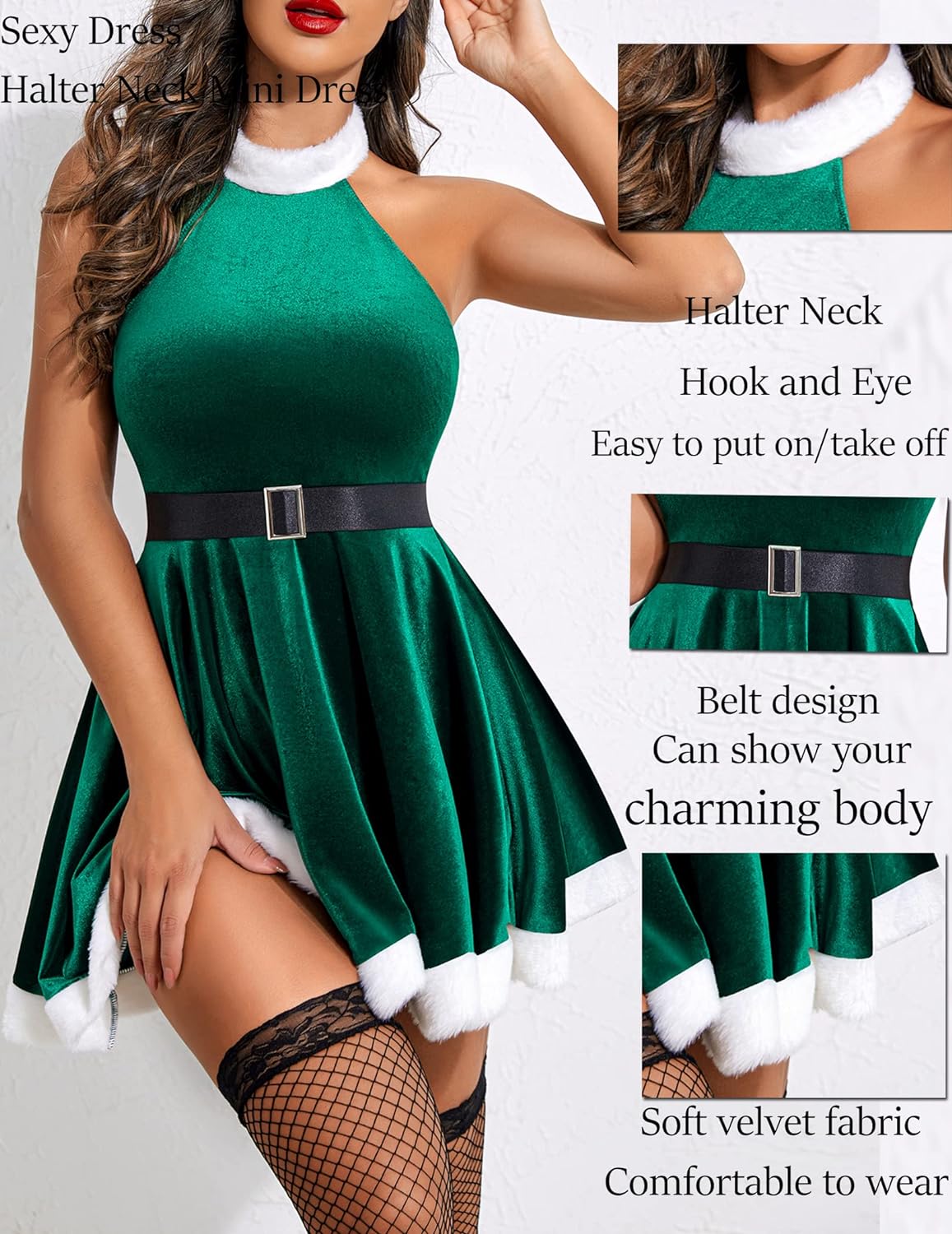 Avidlove Halter Neck Mini Dress Christmas Dress A Line Velvet Party Dress Santa Dress
