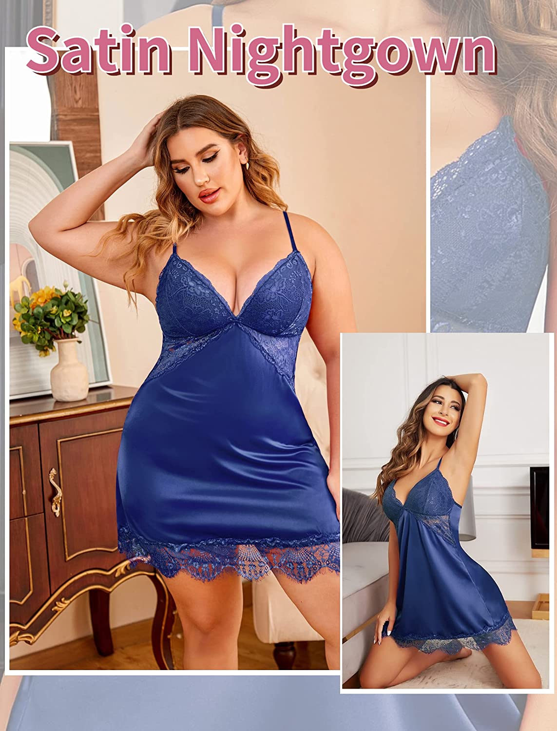 Avidlove Silk Nightgown Lace Sleepwear Satin Sleeveless Chemise Dress