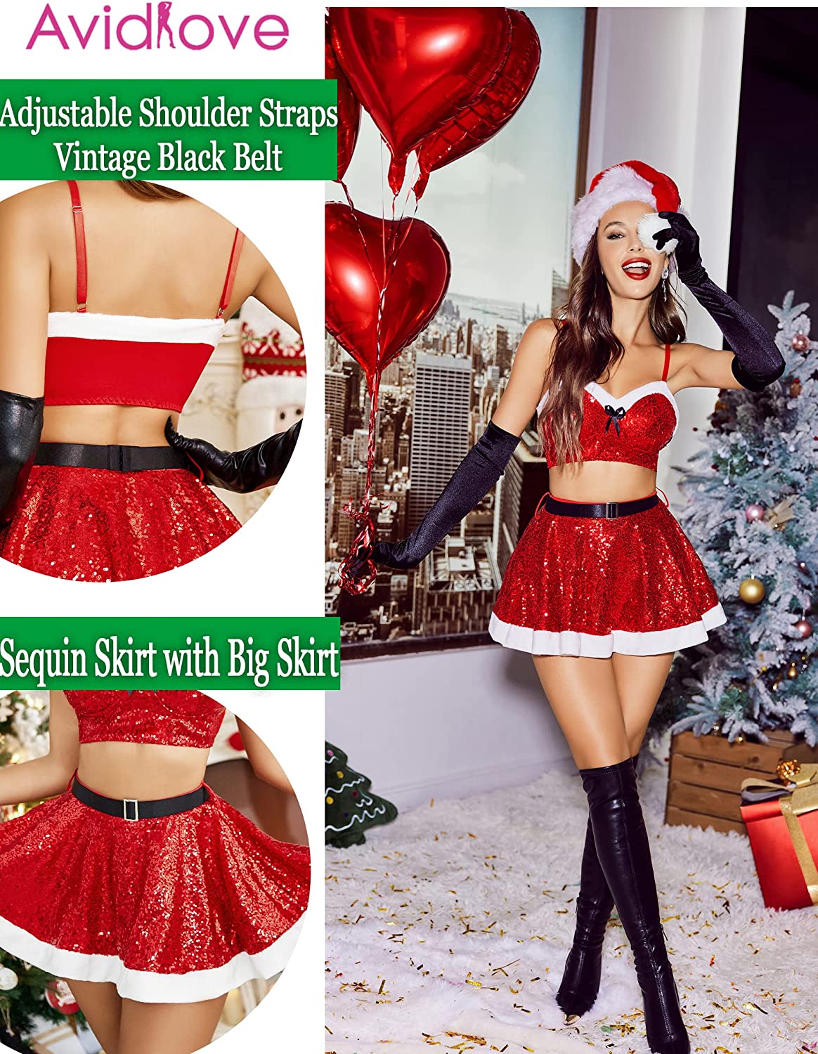 Avidlove Christmas Lingerie Set Santa Lingerie Sequin Costume Sleepwear