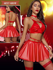 Avidlove Lingerie Set PU Leather Skirt High Waisted Costume Outfit with Choker