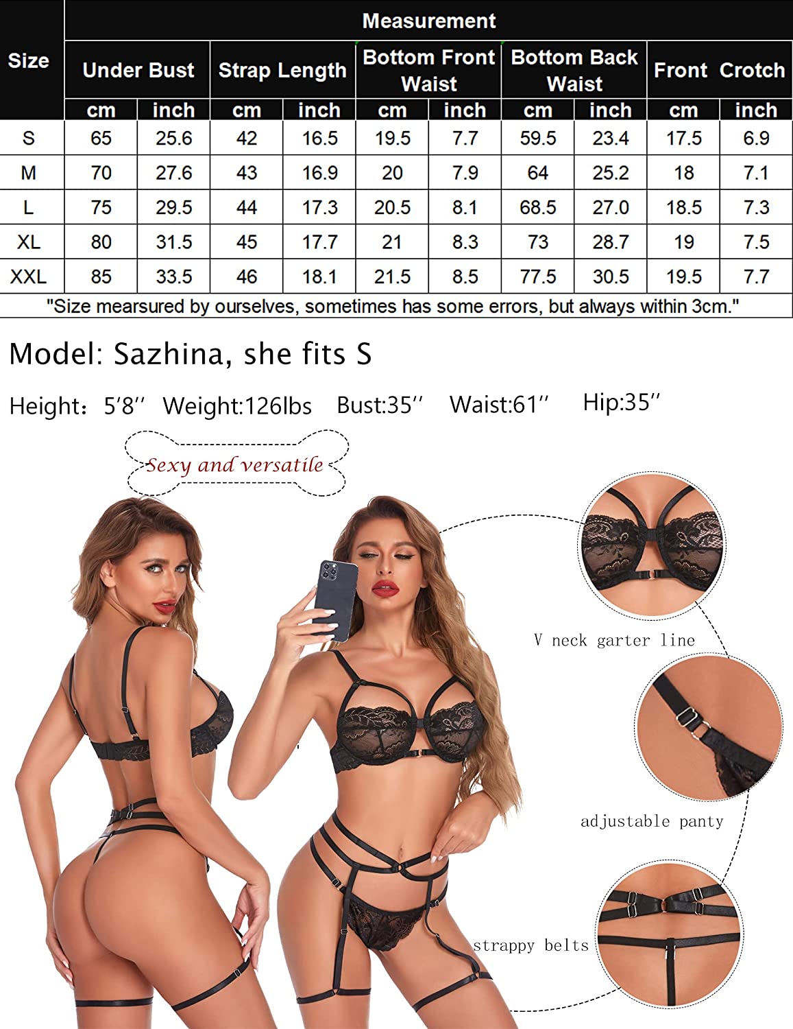 Avidlove Underwire Lingerie Set 3 Pieces Garter Belt Strappy Lace Bra and Panty Lingerire