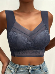 Contrast Lace Wireless Bra, Soft & Comfortable Tank Bra, Lingerie & Underwear Navy