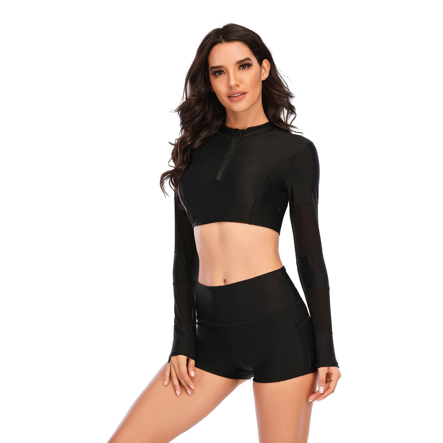 Long Sleeve Two Piece Swimsuit Crop Top Boyshorts