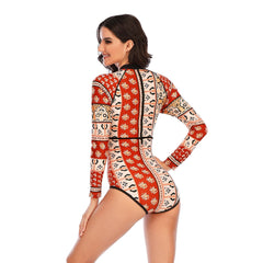 Long Sleeve Swimsuit Retro Printed One Piece Bathing Suit