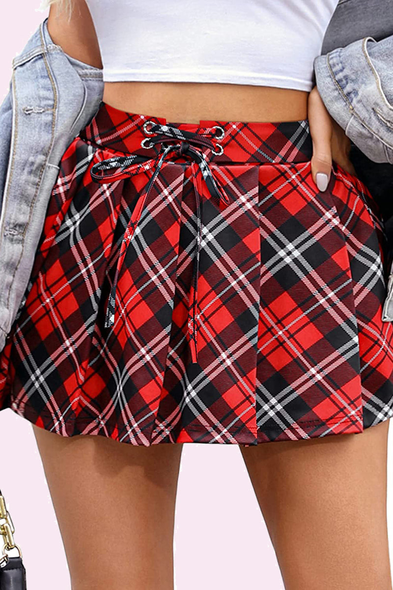 Avidlove Pleated Skirts Schoolgirl Mini Skirt Front Lace Up High Waist Skirt