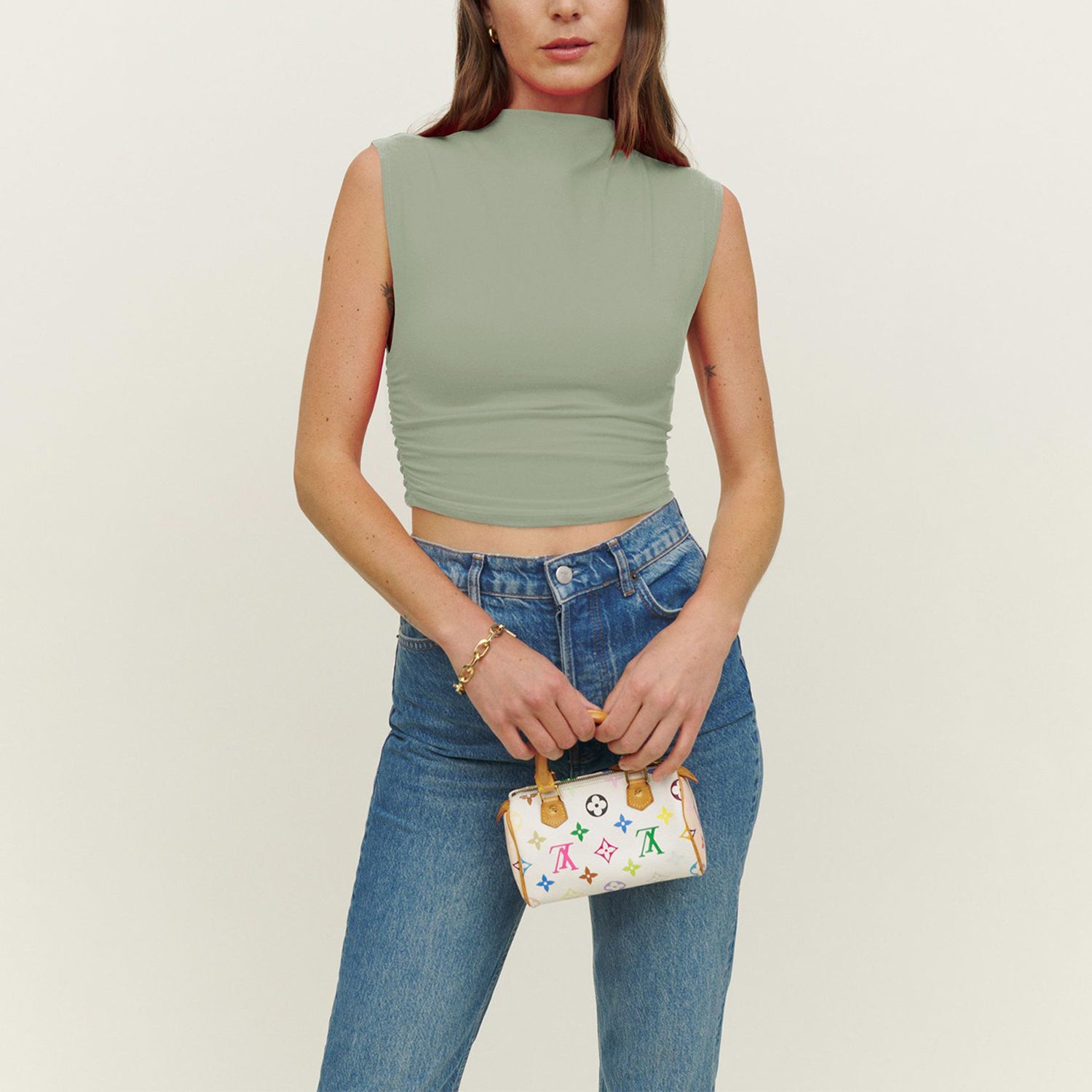 Sleeveless Mock-Neck Ruched Top