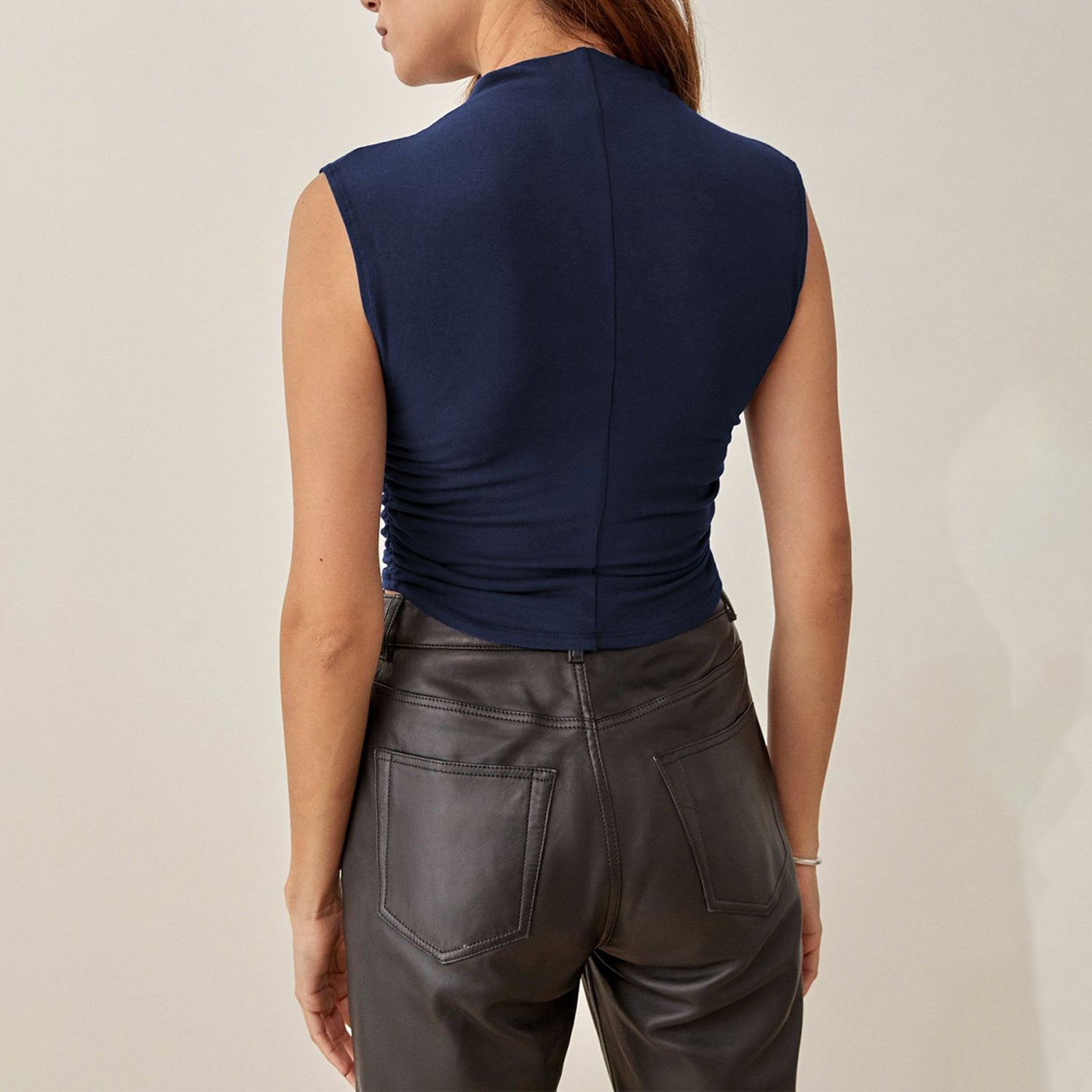 Sleeveless Mock-Neck Ruched Top