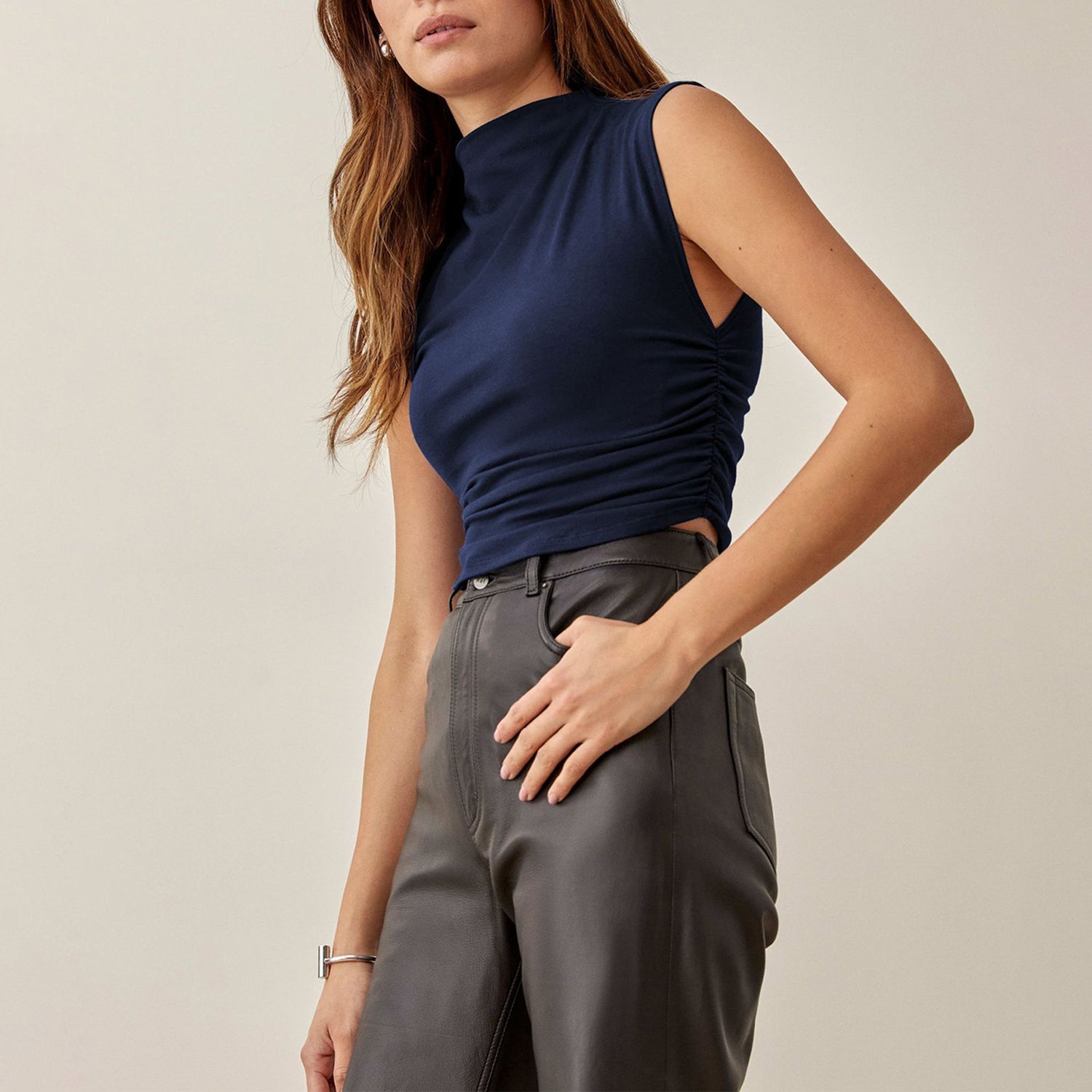 Sleeveless Mock-Neck Ruched Top