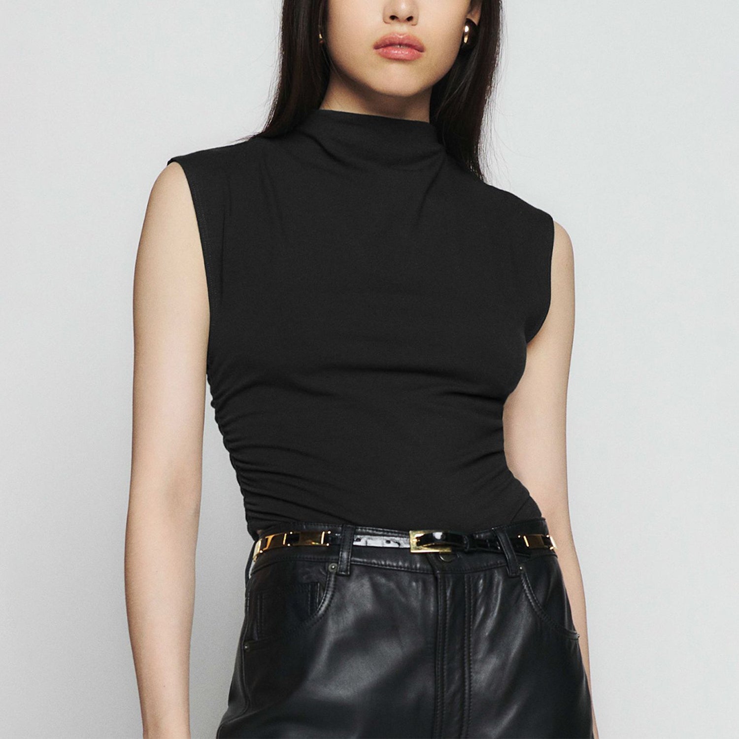 Sleeveless Mock-Neck Ruched Top