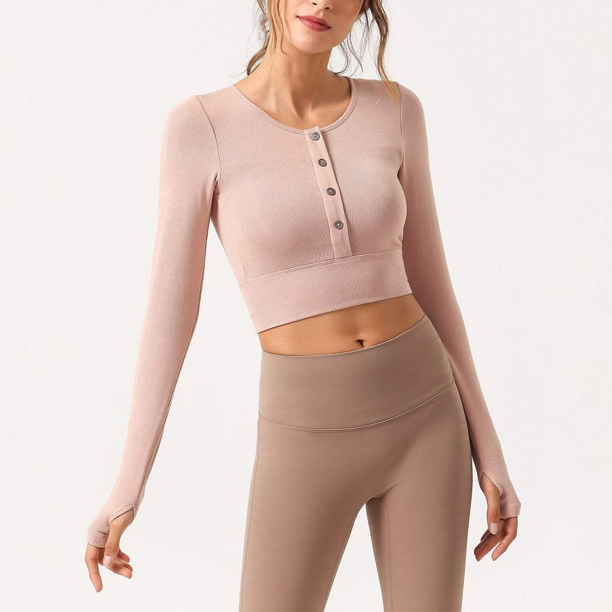 Button Long Sleeve Crop Top