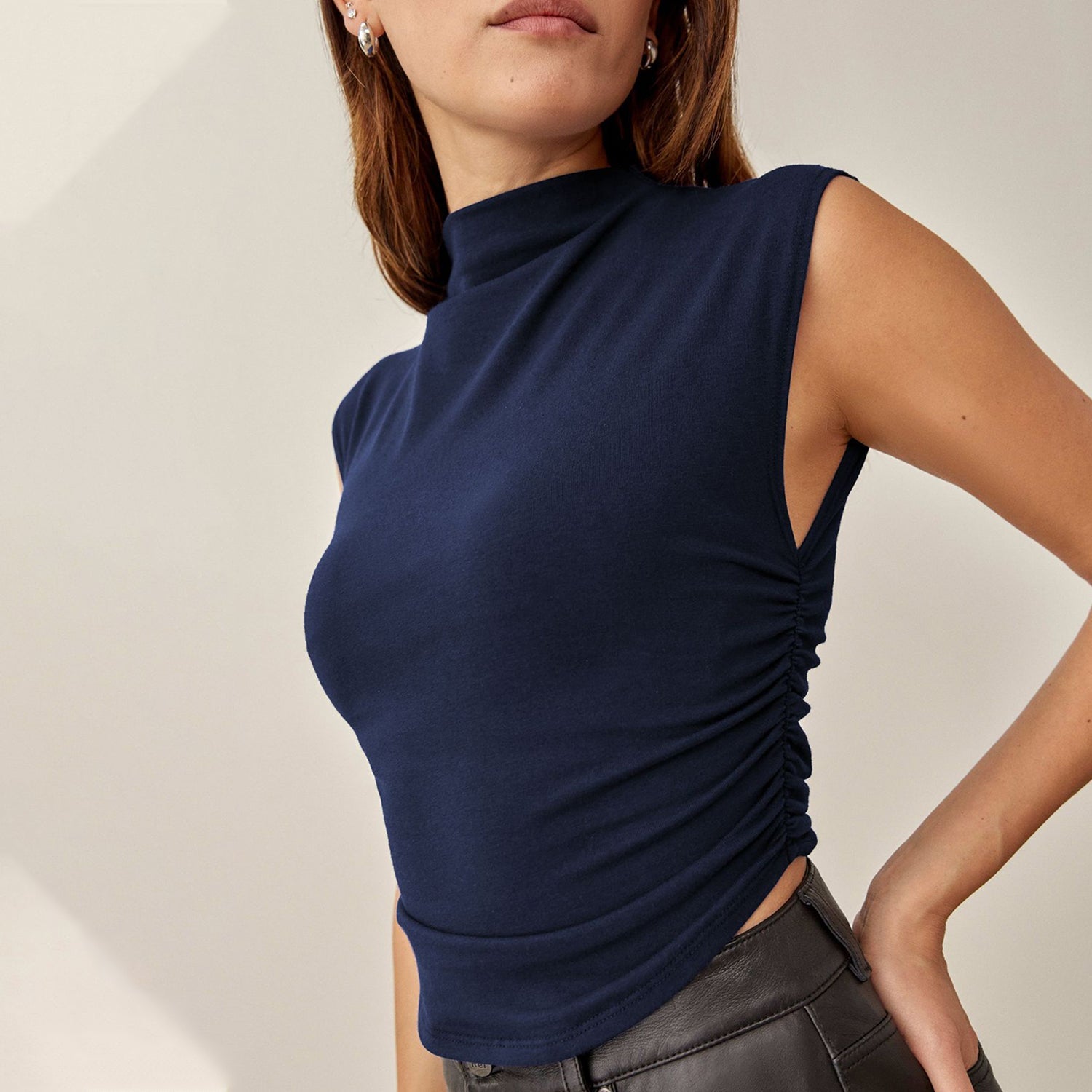 Sleeveless Mock-Neck Ruched Top