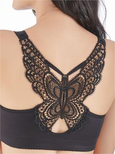 Butterfly Lace Plus Size Wireless Bra Black