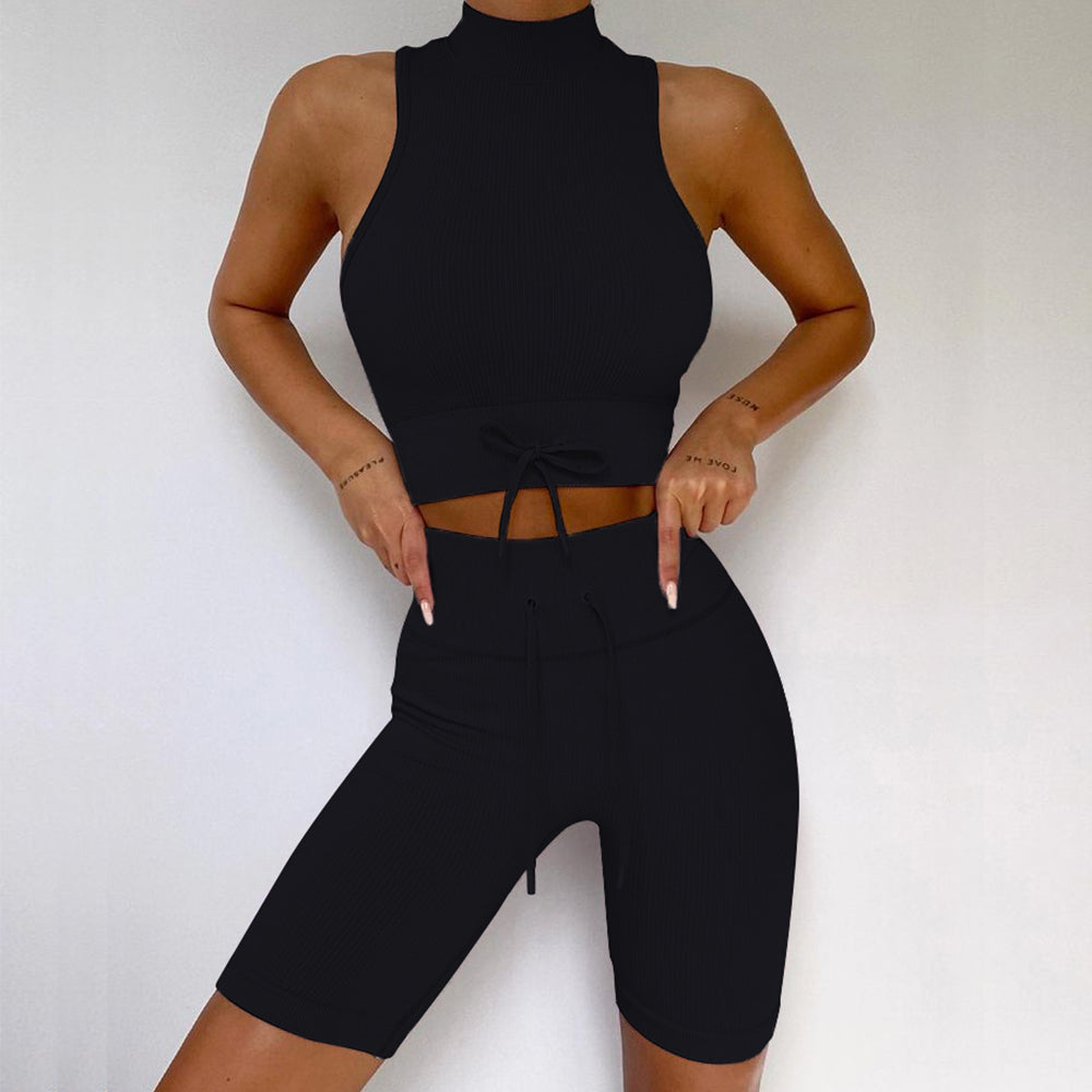 Workout Sets Seamless High Neck Vest & Shorts