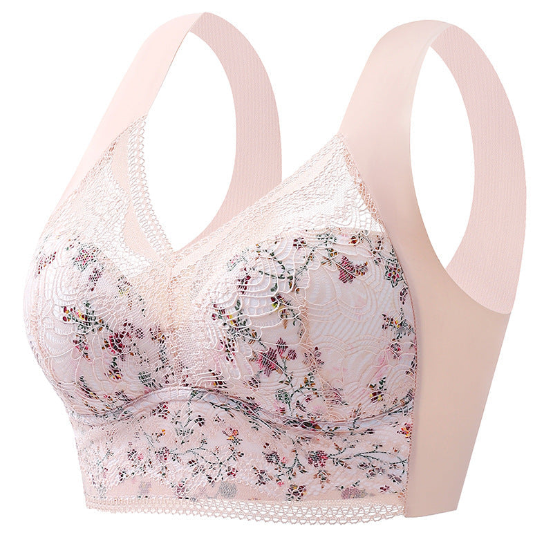 Plus Size Floral Print Lace Mesh Minimizer Wireless Bra