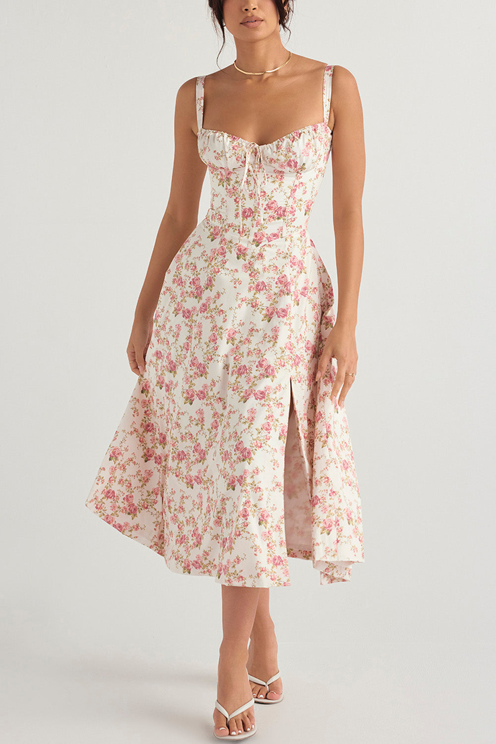 Floral Printed And Colorful Bustier Midi Sundress