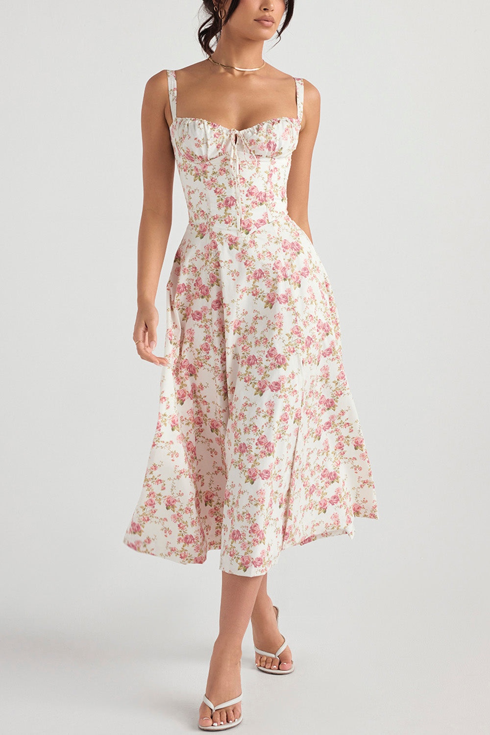 Floral Printed And Colorful Bustier Midi Sundress