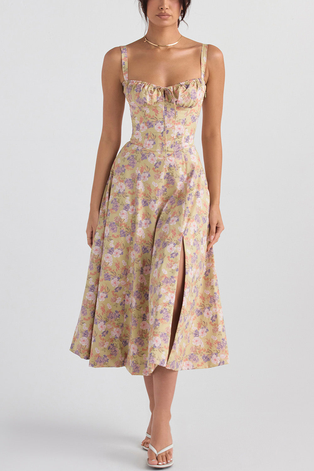 Floral Printed And Colorful Bustier Midi Sundress