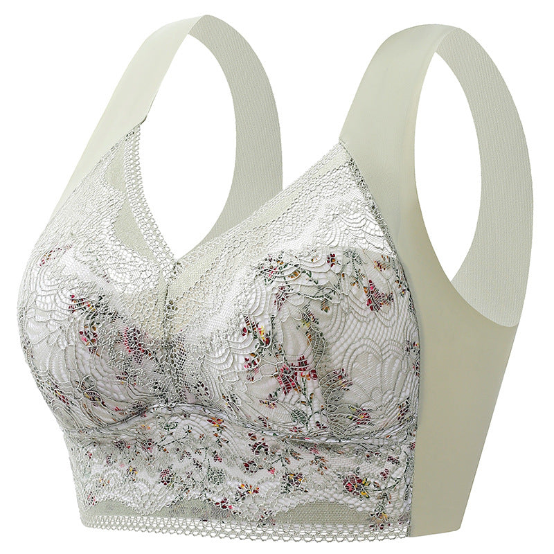 Plus Size Floral Print Lace Mesh Minimizer Wireless Bra