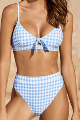 Blue Check High Waisted Bikini Bottom