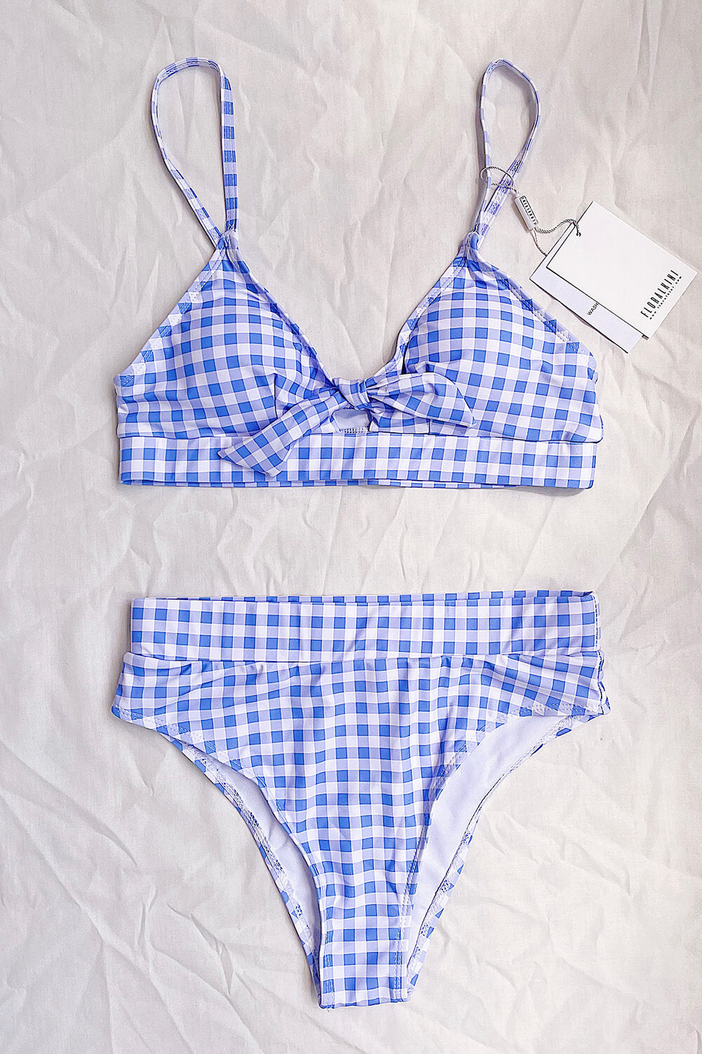 Blue Check High Waisted Bikini Bottom