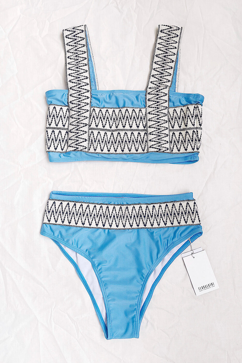 Blue Woven Zig-Zag High Waisted Bikini Bottom