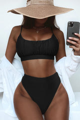 Black Ruched Scoop-Neck Crop Bikini Top