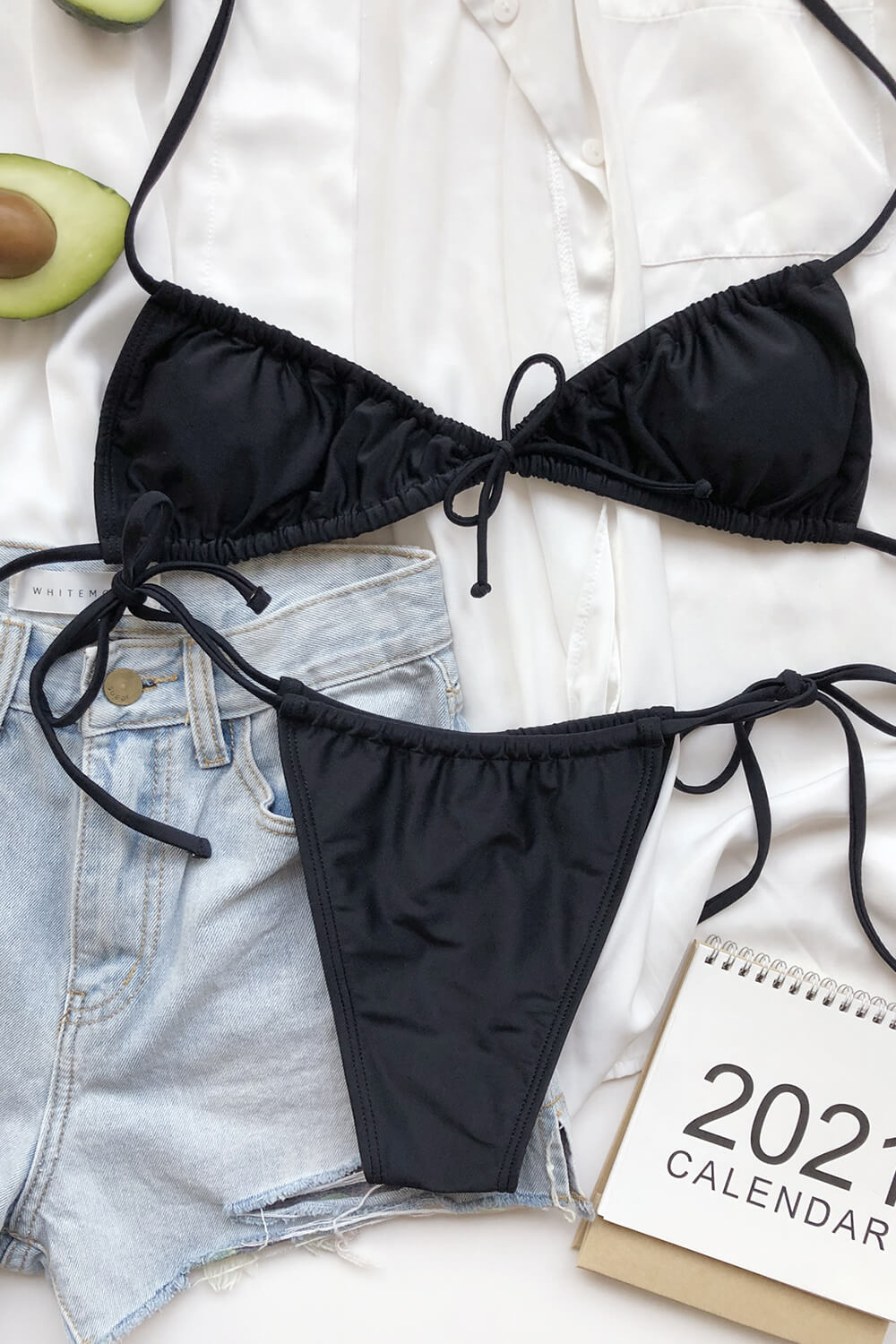 Black Gathered Edge Tie Front Triangle Bikini Top