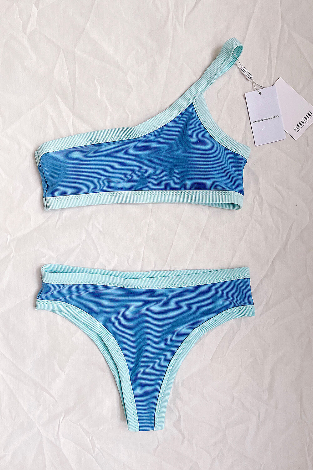 Blue Blocked Ribbed Bikini Bottom