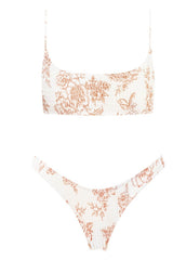 Tan Floral Ruched High Leg Bikini Bottom