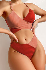 Red Rib Criss-Cross Colorblock Spliced Bikini Top