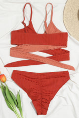 Red Rib Criss-Cross Colorblock Spliced Bikini Top