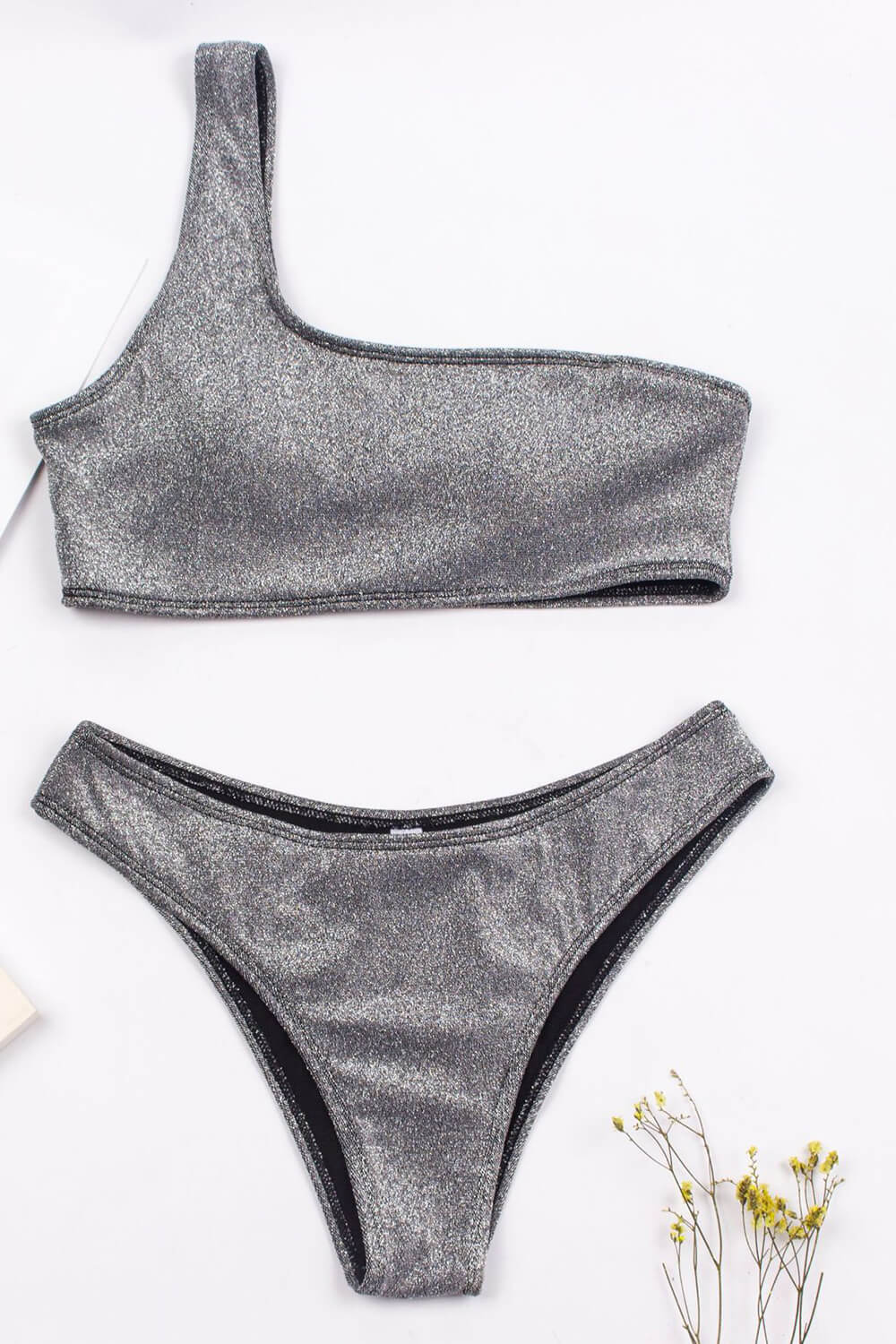 Glittery Grey One-Shoulder Asymmetric Bikini Top