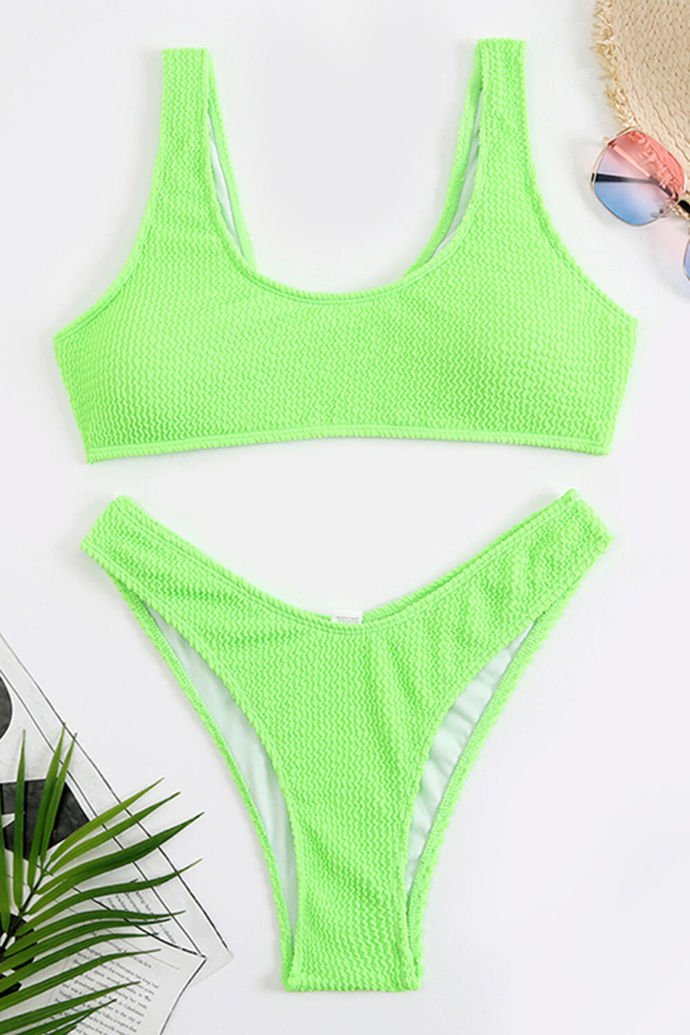 Neon Green Crinkle Scoop Bikini Top