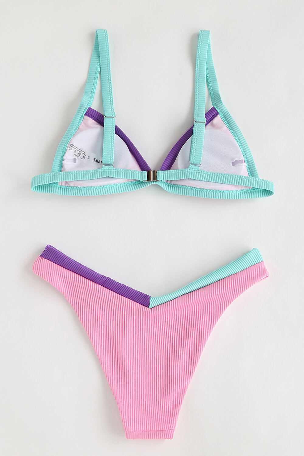 Pink Ribbed Color Pink Ribbed Colorblock Triangle Bikini Top – Zreei