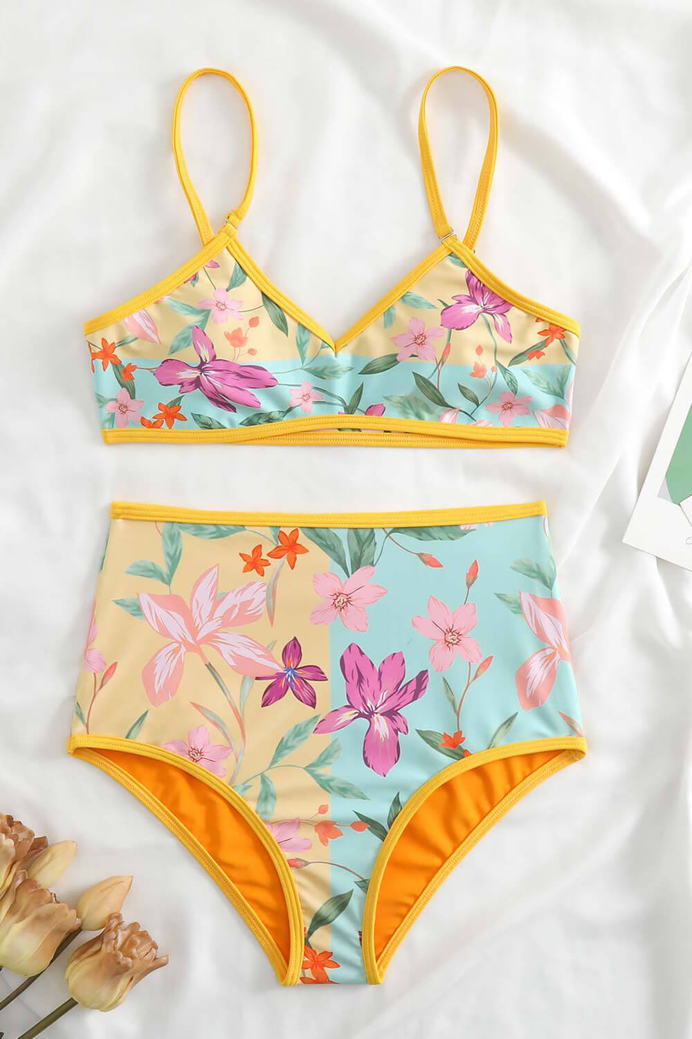 Orange Floral & Island Print V-Neck Reversible High-Waist Bikini Set